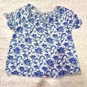 Boho Peasant Top – White & Blue Floral Bird Print, Size 1X Cottagecore